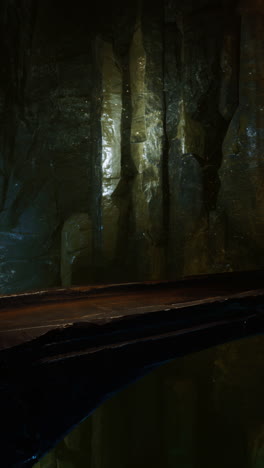 a dark and mysterious cave with a glowing light at the end