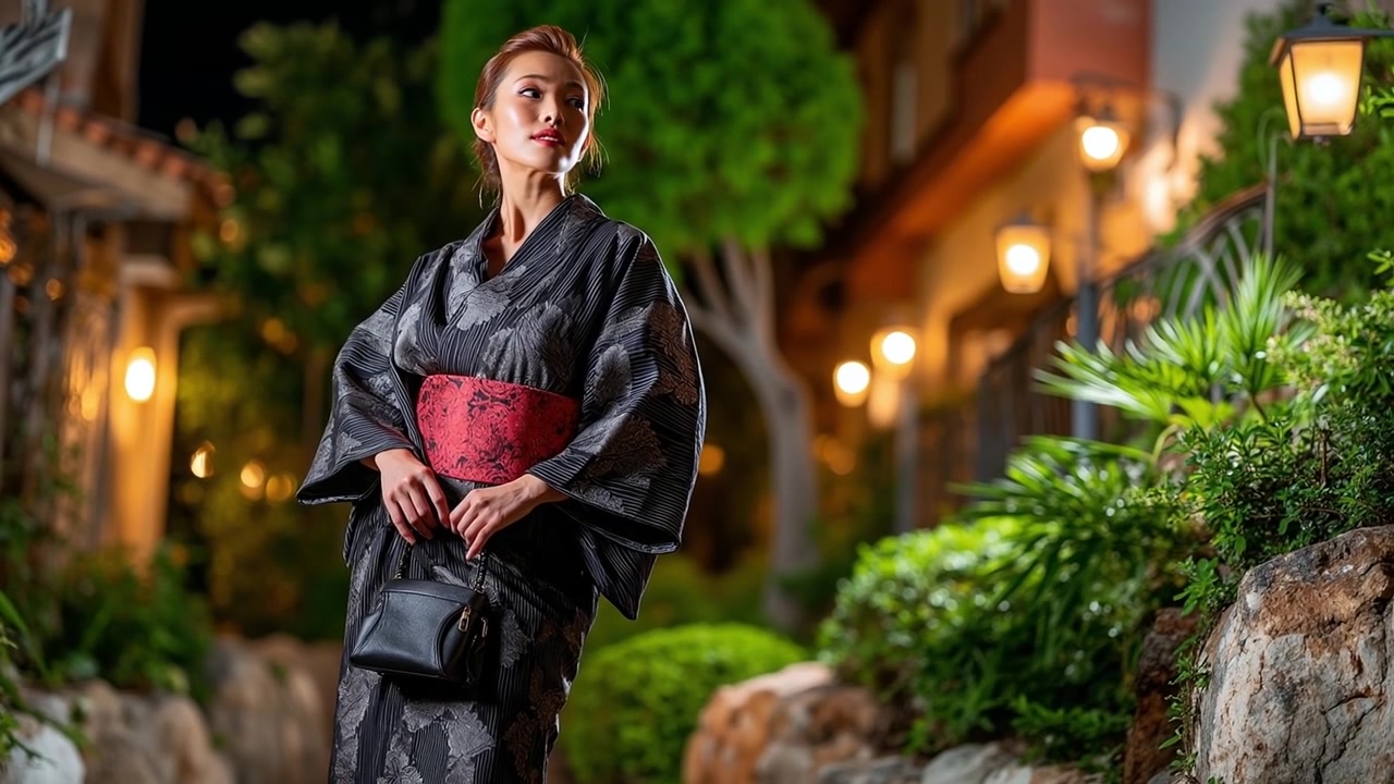 Người phụ nữ châu Á thanh lịch mặc kimono màu xám đậm đi dạo trong sân vào ban đêm