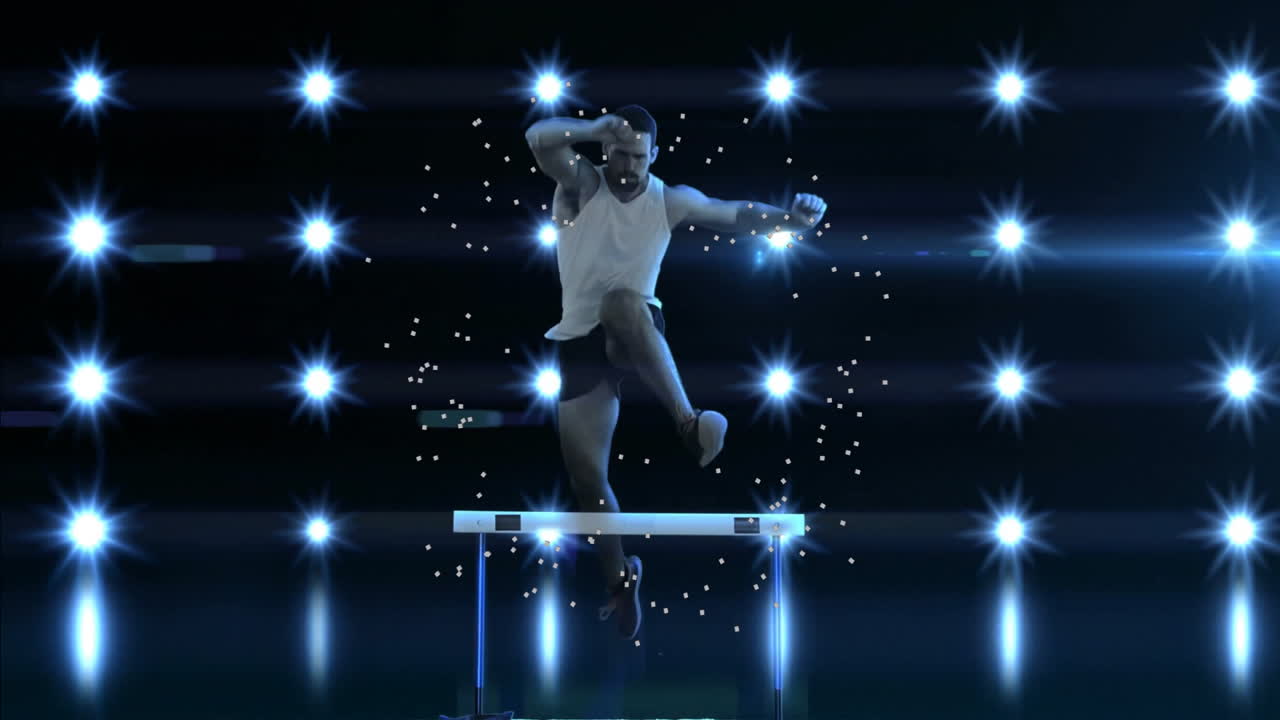 Athlete jumping over hurdle with glowing lights and sparkles animation in background