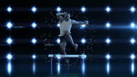 athlete jumping over hurdle with glowing lights and sparkles animation in background