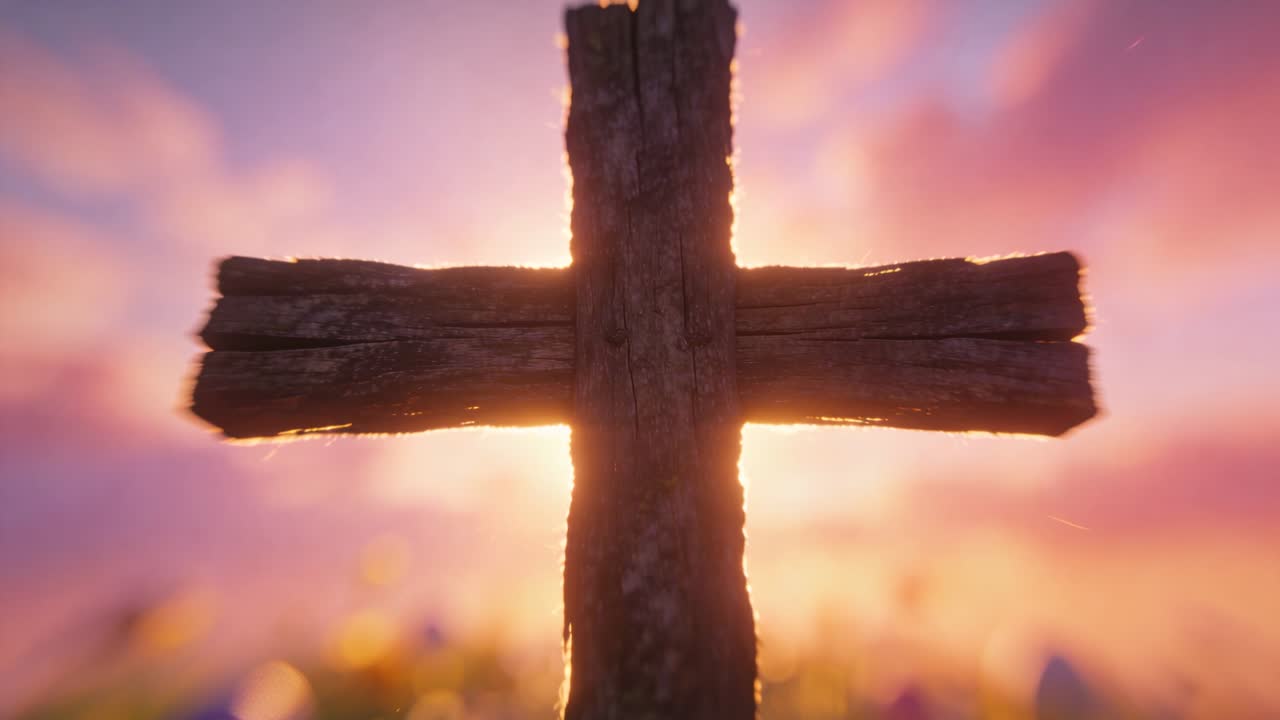 Il sole si muove dietro una croce di legno stagionata, creando un alone in un prato all'ora d'oro, mostrando un bagliore dell'obiettivo.