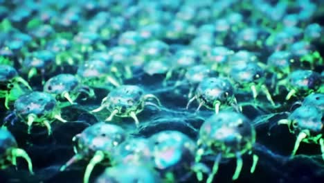 a dynamic underwater scene featuring numerous luminescent microorganisms interacting in a dense aquatic environment with vibrant colors and complex textures