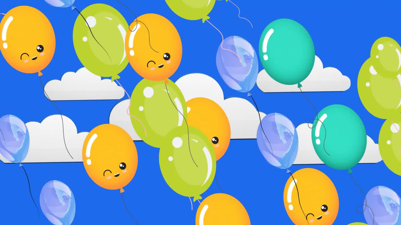 구름이 많은 하늘 위를 날아다니는 다채로운 풍선의 애니메이션