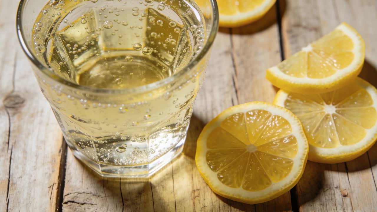 Bollicine di CO2 che salgono all'interno di un bicchiere sfaccettato con tre limoni su legno rustico, per pubblicità di bevande.