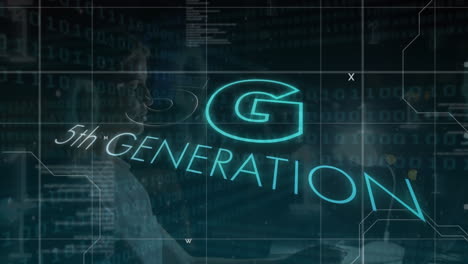 animation of 5g 5th generation text over data processing and caucasian businesswoman