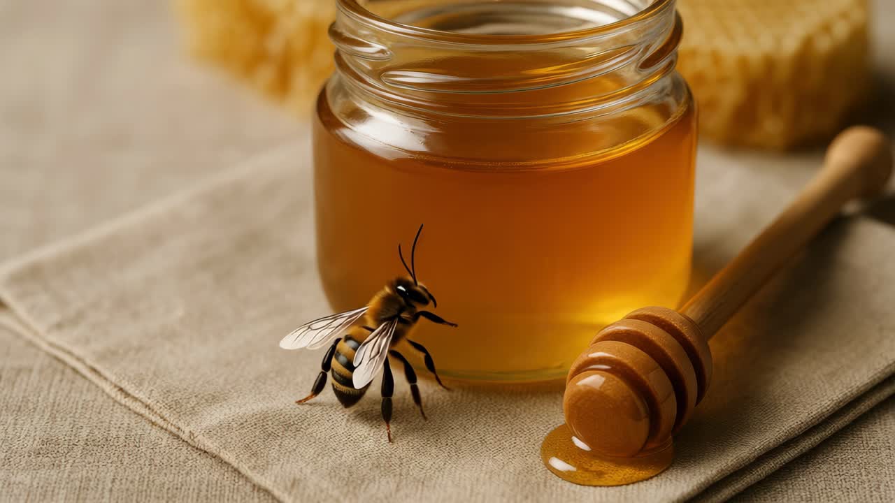 Close-up shot of a honey jar with a bee and dipper on a cloth
