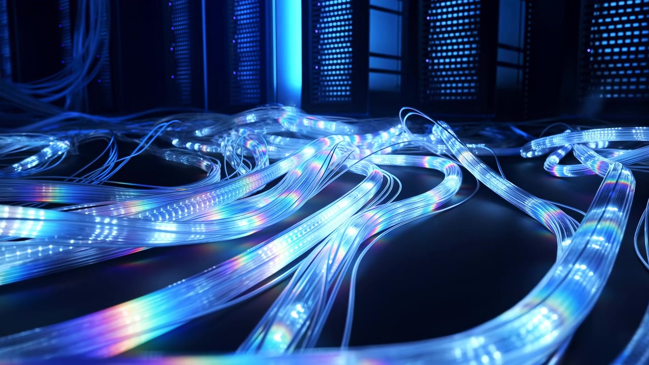 Fiber optic cable routing across datacenter floor toward illuminated server racks at midpoint