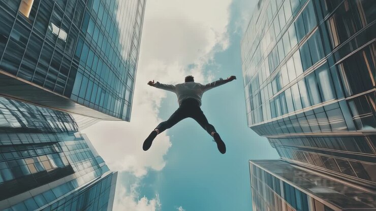Low angle view of a businessman jumping high with skyscrapers in the background, celebrating success and achievement in a modern metropolis