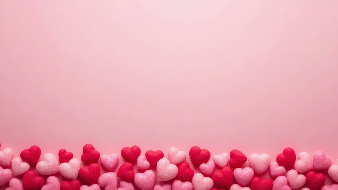 Fascia mobile di cuori rosa chiaro/rossi che si muovono e ruotano con una leggera vibrazione della camera su una superficie rosa chiaro