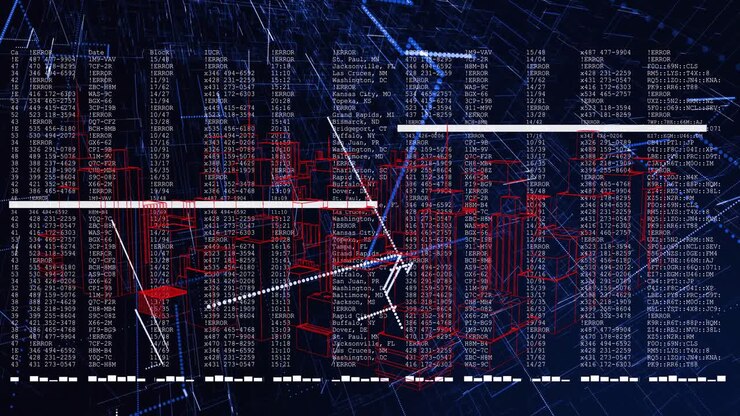 Apertura nel vuoto, nodi alla deriva, linee convergenti, colonne di codice pulsanti, barre che scansionano e visualizzano dati.