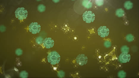 animation of covid 19 cells flying on green background