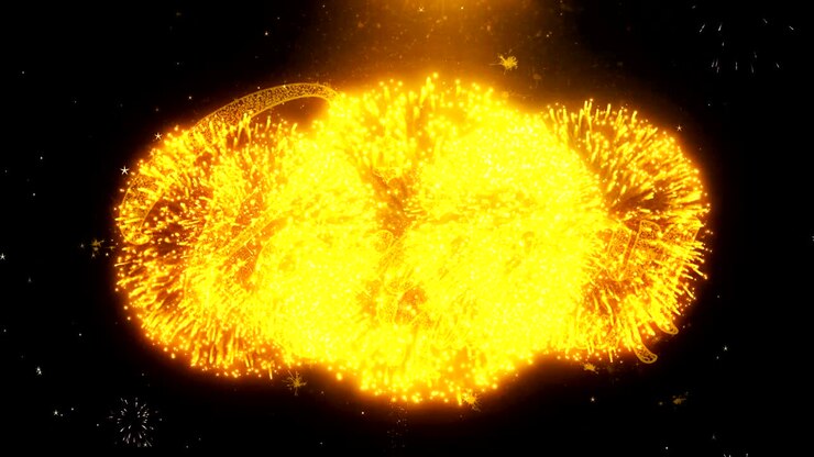 Ramadan Mubarak Text Wish On Firework Display Explosion Particles.