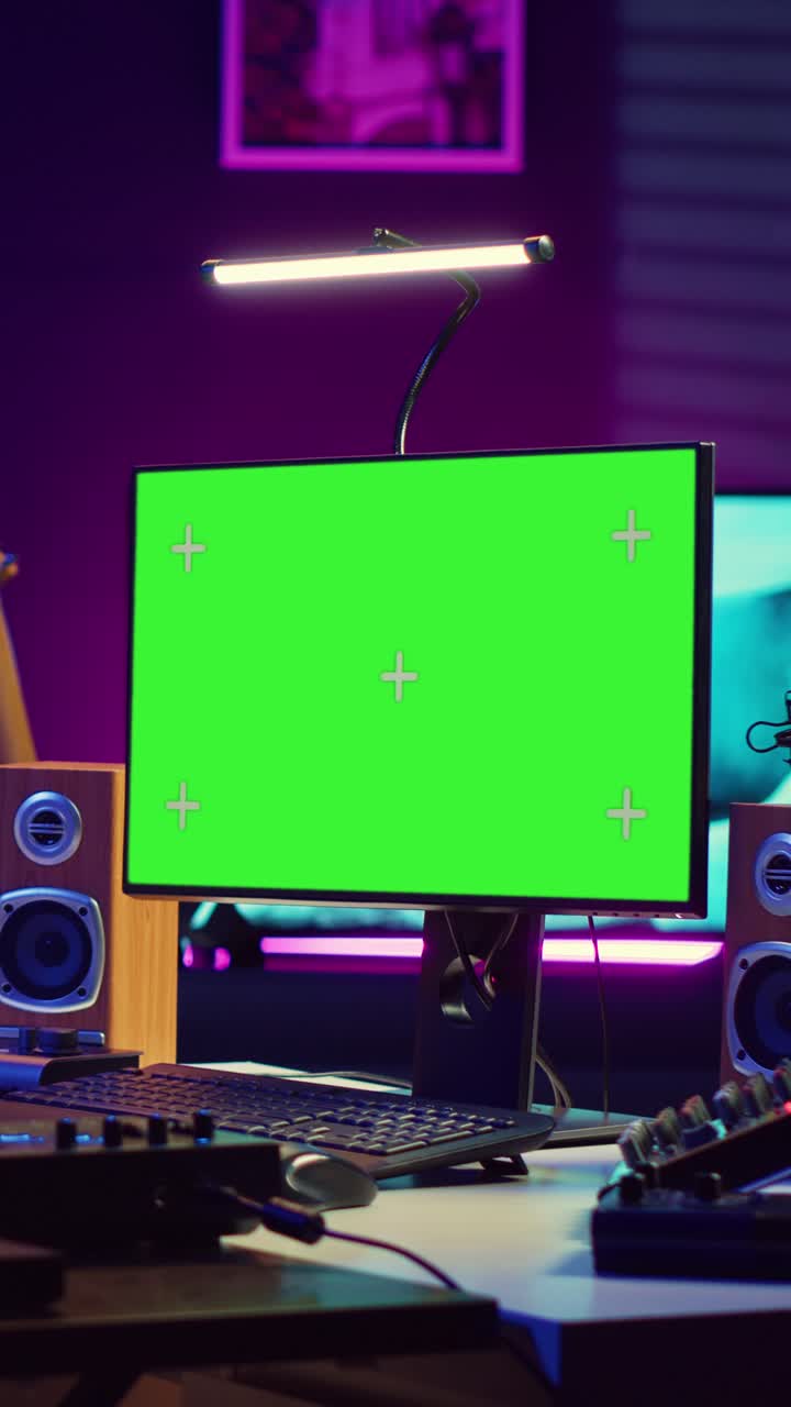 Green Screen Computer Monitor on Desk in Modern Gaming Setup