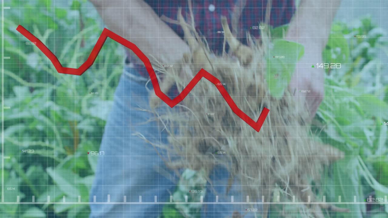 animación del procesamiento de datos financieros sobre el hombre caucásico que trabaja en el jardín.