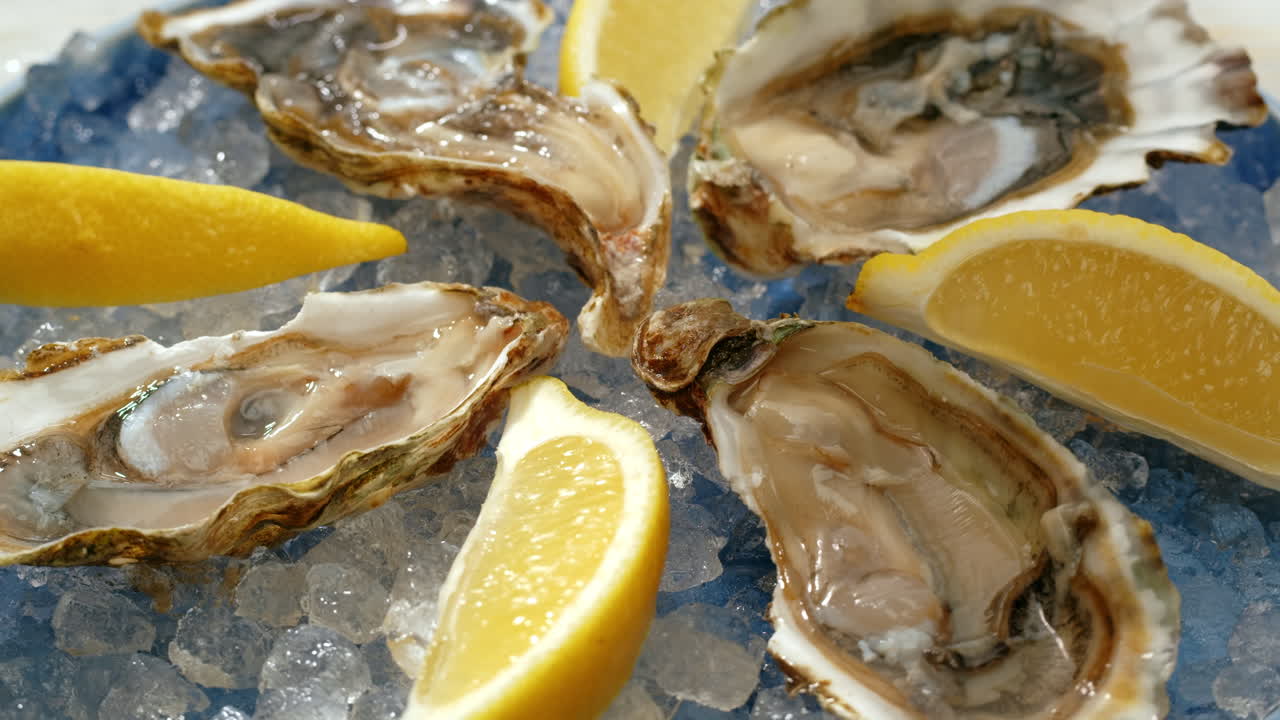 Oysters with lemon on ice