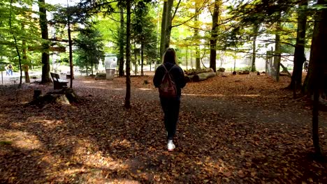 Girl-hiking-through-the-forest-of-Schwarzwald,-Germany