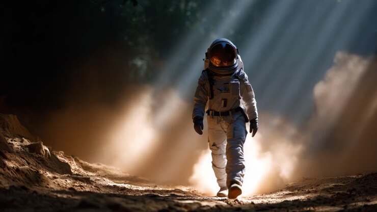 An astronaut traverses a dusty terrain illuminated by ethereal beams of light, showcasing exploration in an otherworldly landscape full of mystery and wonder