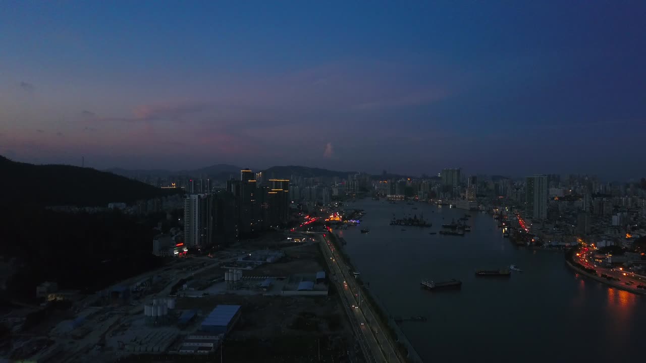 해가 지는 밤 시간 주하이 시 리버 베이 공중 파노라마 4k 중국