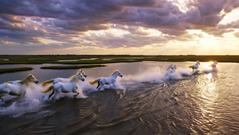 white horses running through water at sunset