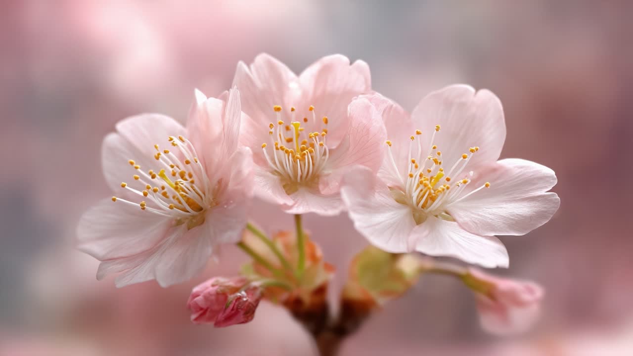 Delicate Pink Blossoms: A Stunning Showcase of Cherry Flowers Captured in Soft Focus, Emanating Beauty and Tranquility in Nature’s Seasonal Splendor