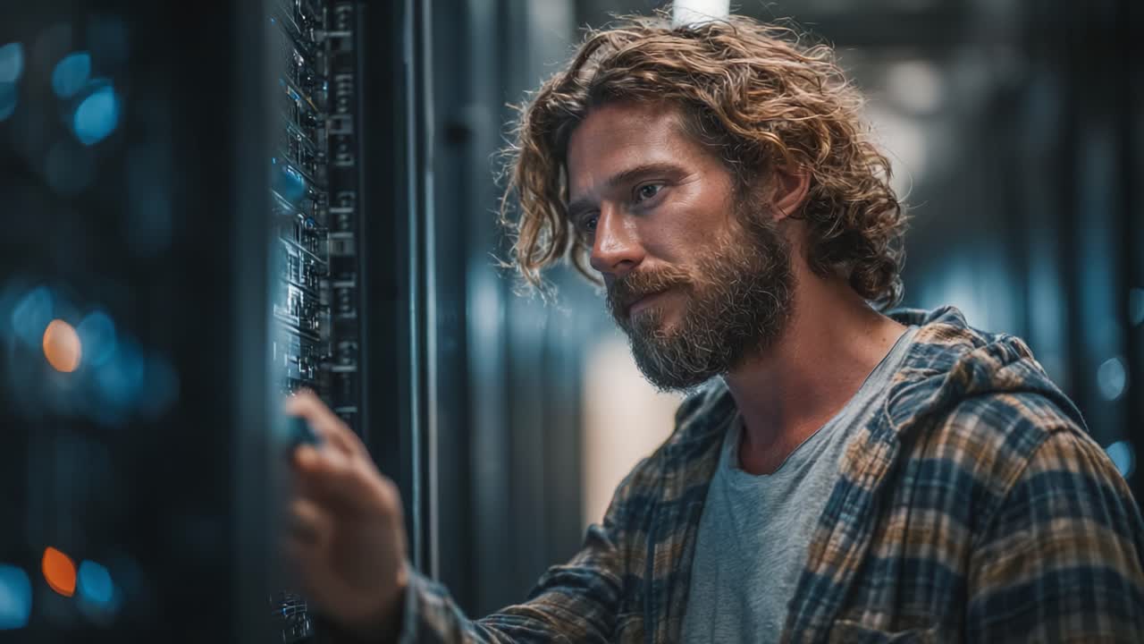 Et dybt fokus på teknologi: En eftertænksom IT-professionel beskæftiget med fejlfinding af serverproblemer i et datacenter-miljø.