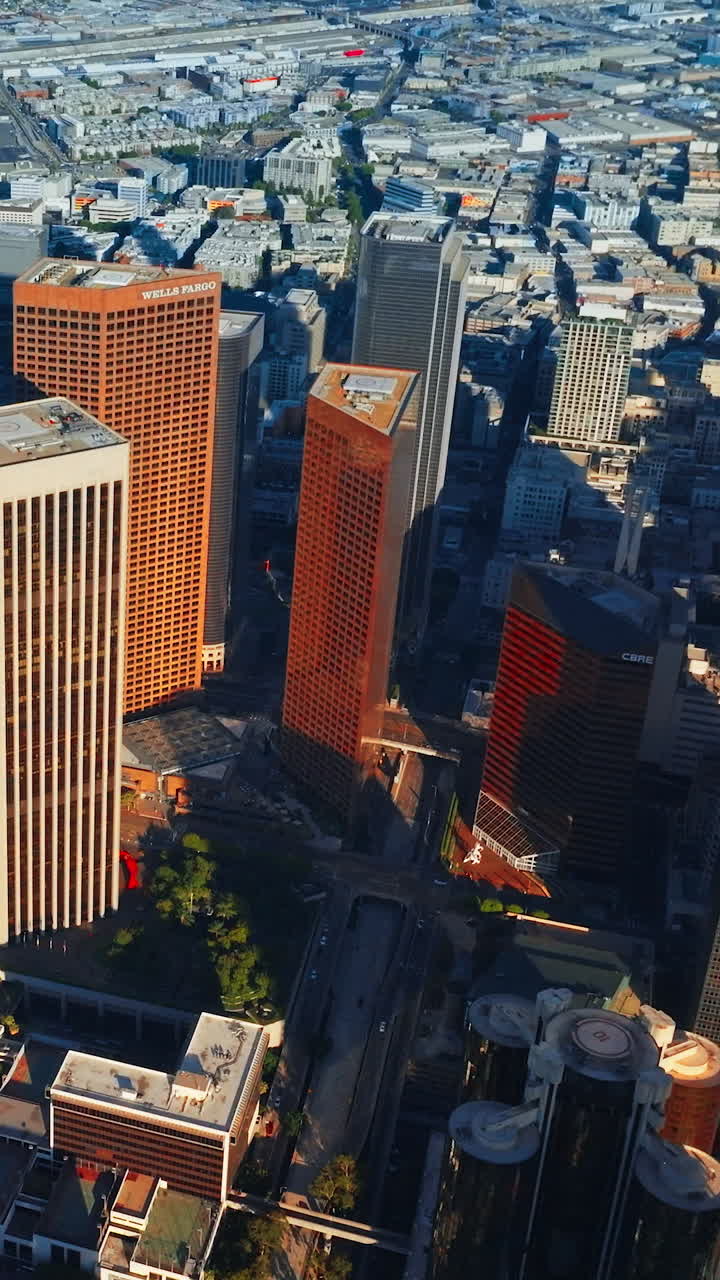 Sunlit skyscrapers dropping shadows on the city panorama. Amazing Los Angeles diverse architecture from aerial perspective. Vertical video