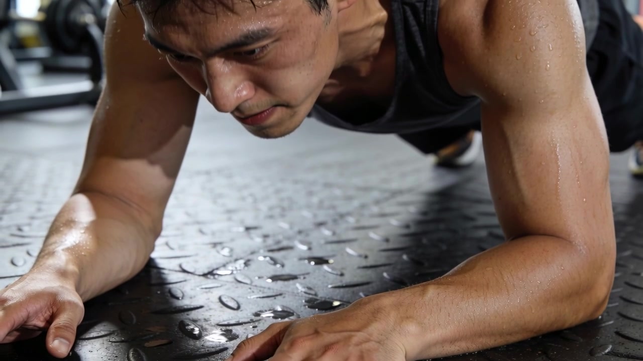 Starting plank athlete wearing tank top holding forearm plank at gym on rubber mat, bracing core