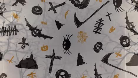 Animation-of-halloween-background-with-bats,-pumpkins-and-crosses