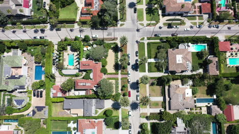 drone films from high above, slowly following white car driving up palm tree lined street, surrounded by houses in beautiful west hollywood, california neighborhood