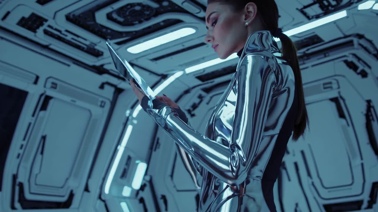 Woman in Futuristic Outfit Using Tablet