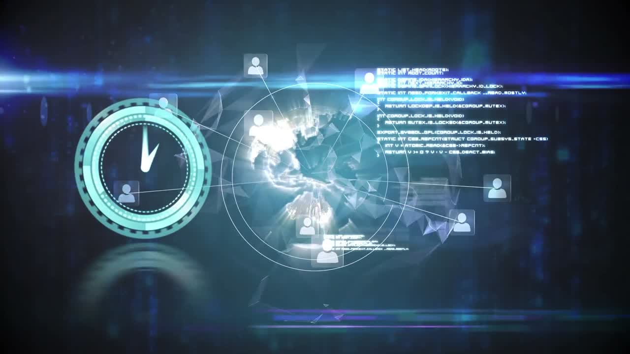 animación de la interfaz digital con reloj sobre fondo oscuro