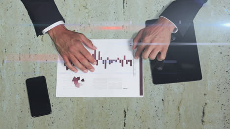 animation of caucasian male hands showing statistics on a paper sheet over rays glowing