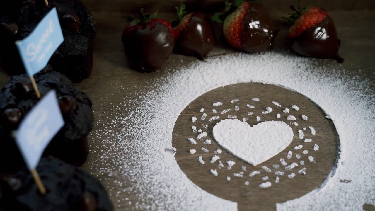 hacer un corazón de azúcar en polvo de confitería blanca con fresas cubiertas de chocolate y muffins en el lado