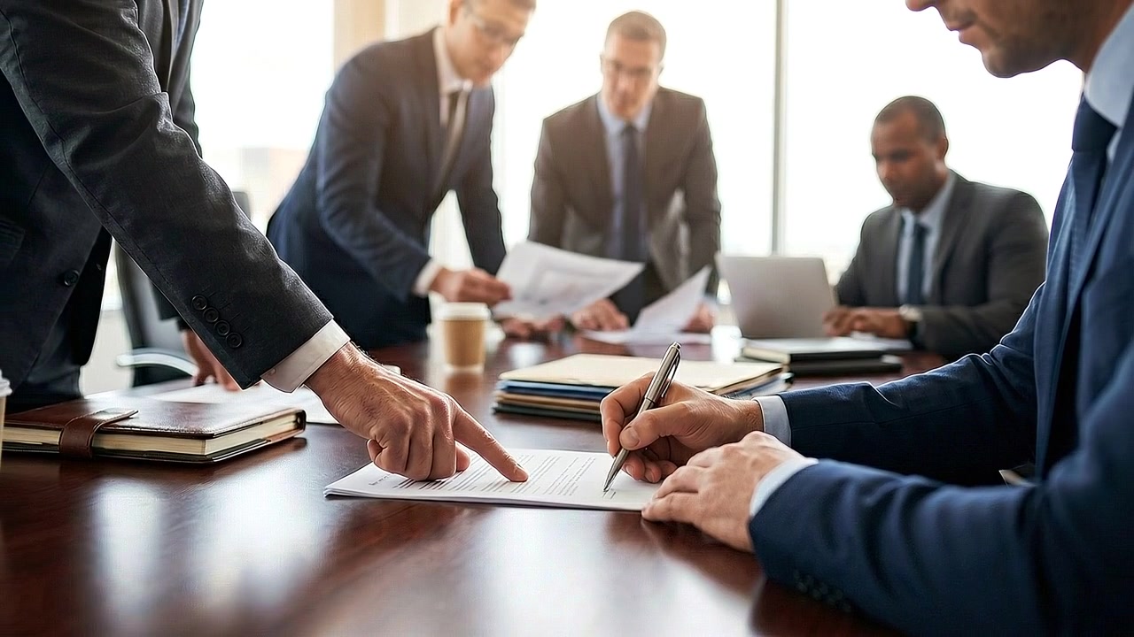 Business professionals reviewing documents around modern conference table