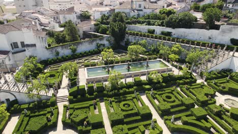 aerial top view over beautiful garden of the episcopal palace, castelo branco - portugal