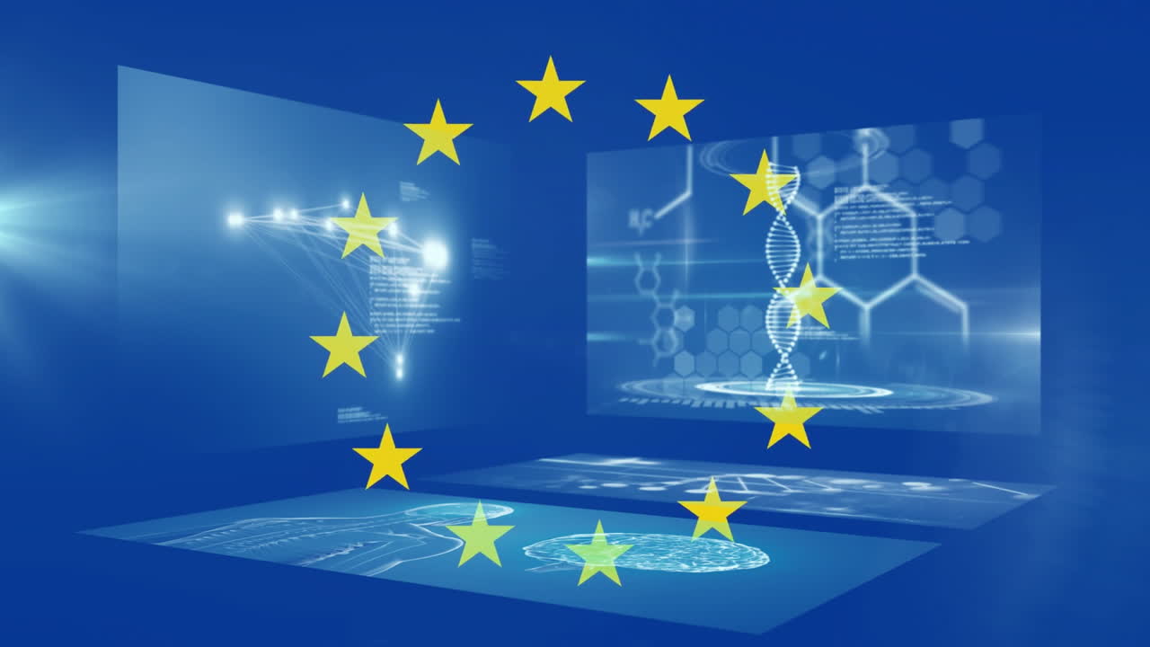 DNA animation on digital screens with European Union flag in school setting