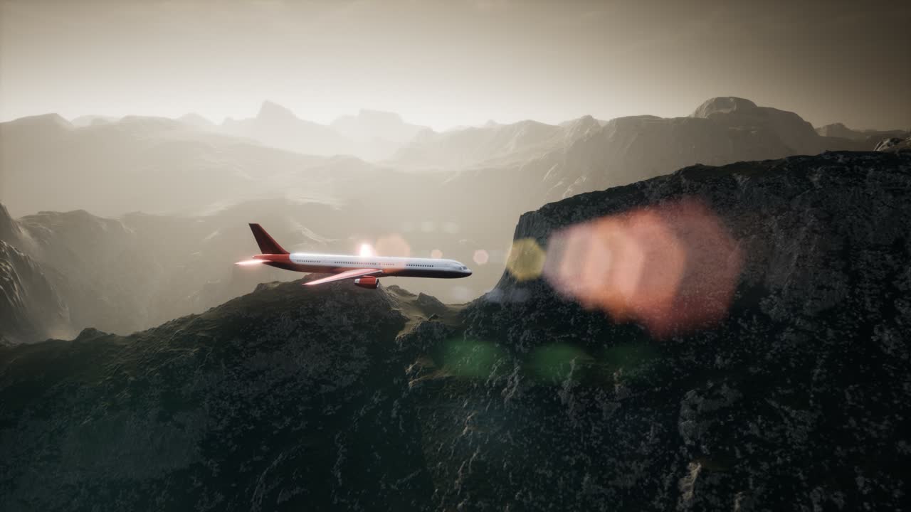 Passenger aircraft over mountain landscape