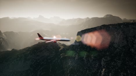 Passenger-aircraft-over-mountain-landscape