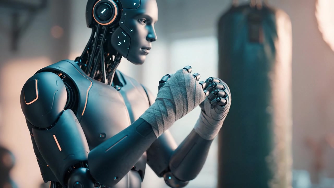 A Futuristic Training Robot Preparing for Combat, Showcasing Advanced Technology and Athleticism with Focused Possibilities in a Dynamic Environment