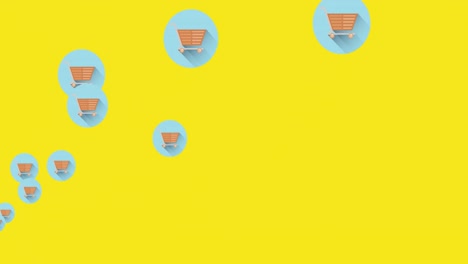 múltiples iconos de carrito de compras moviéndose contra un fondo amarillo