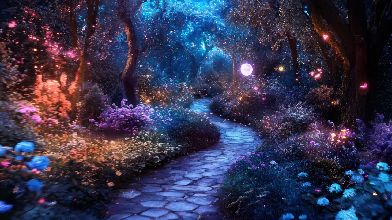 A magical forest path at twilight, with glowing flowers and fireflies