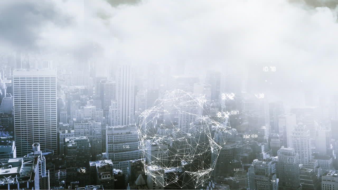 배경으로 도시 풍경에 대한 연결 네트워크와 함께 지구의 애니메이션