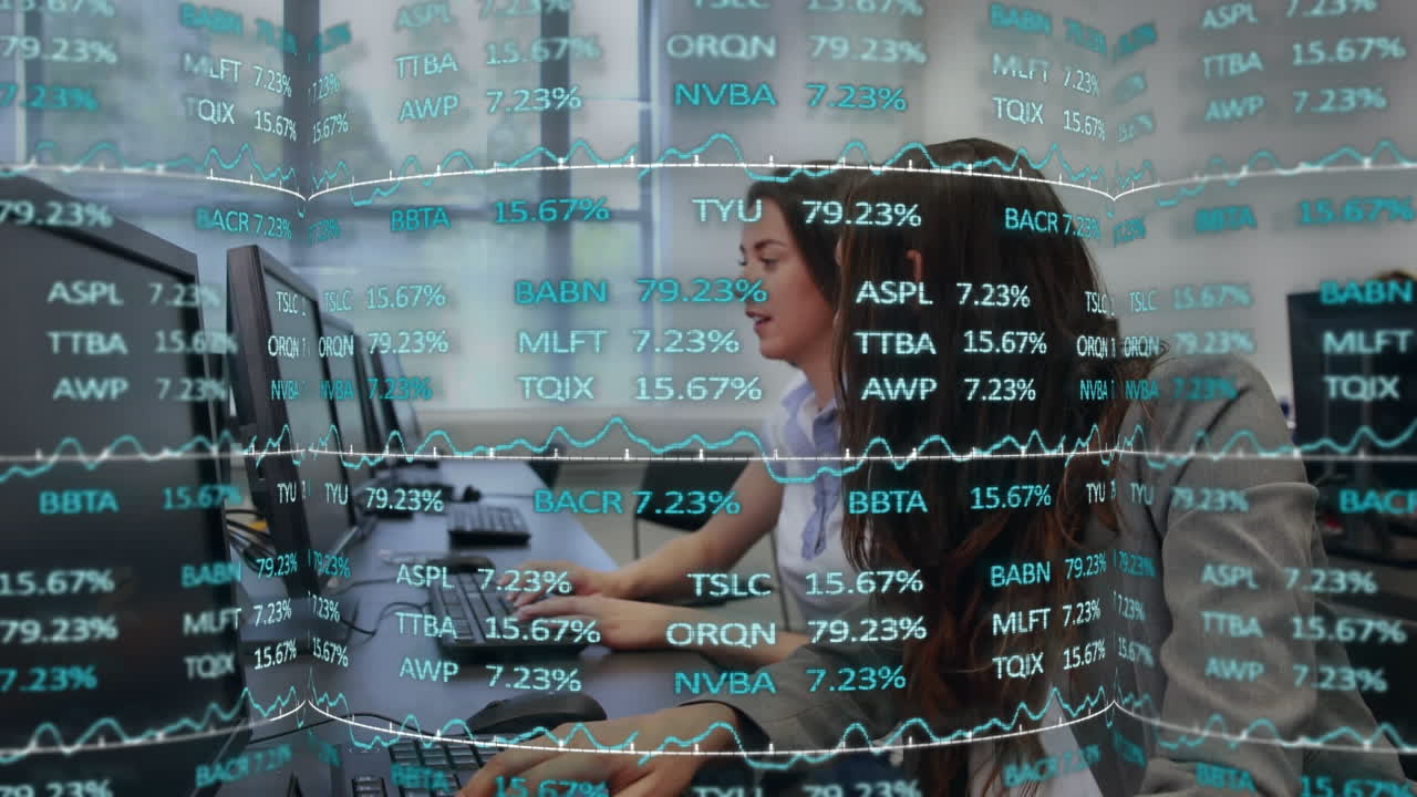Animation of financial data processing over diverse business people using computers