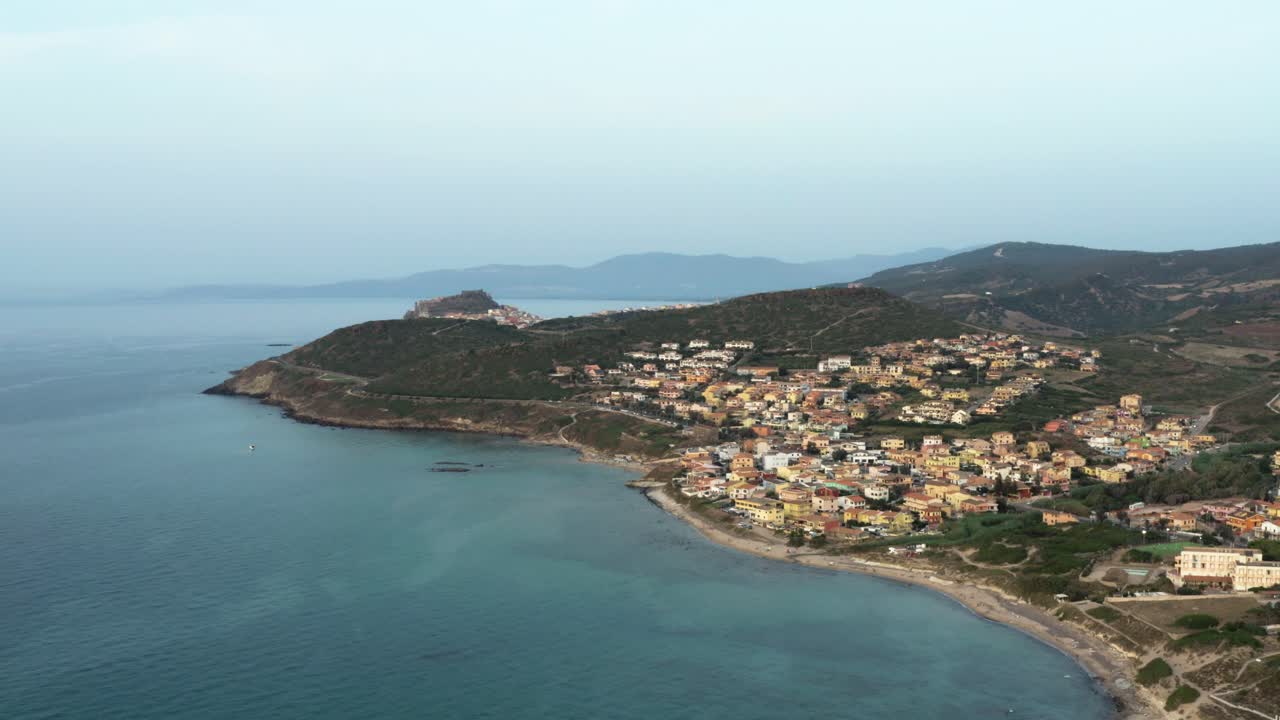 Aerial view of Italian seaside village on Sardinia island by the Mediterranean coastline