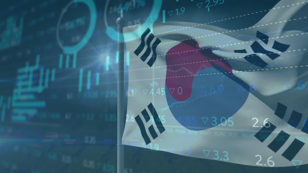 South Korean flag waving over 3D render trading interface, showing candlestick charts and data