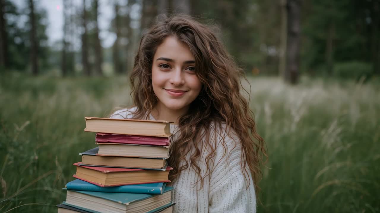 Donna in maglione che aggiusta la presa per mantenere i libri in equilibrio, la telecamera si stringe in una radura di pini