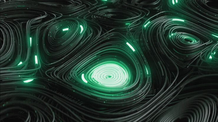Black topographic circular lines with running matrix code and with green neon