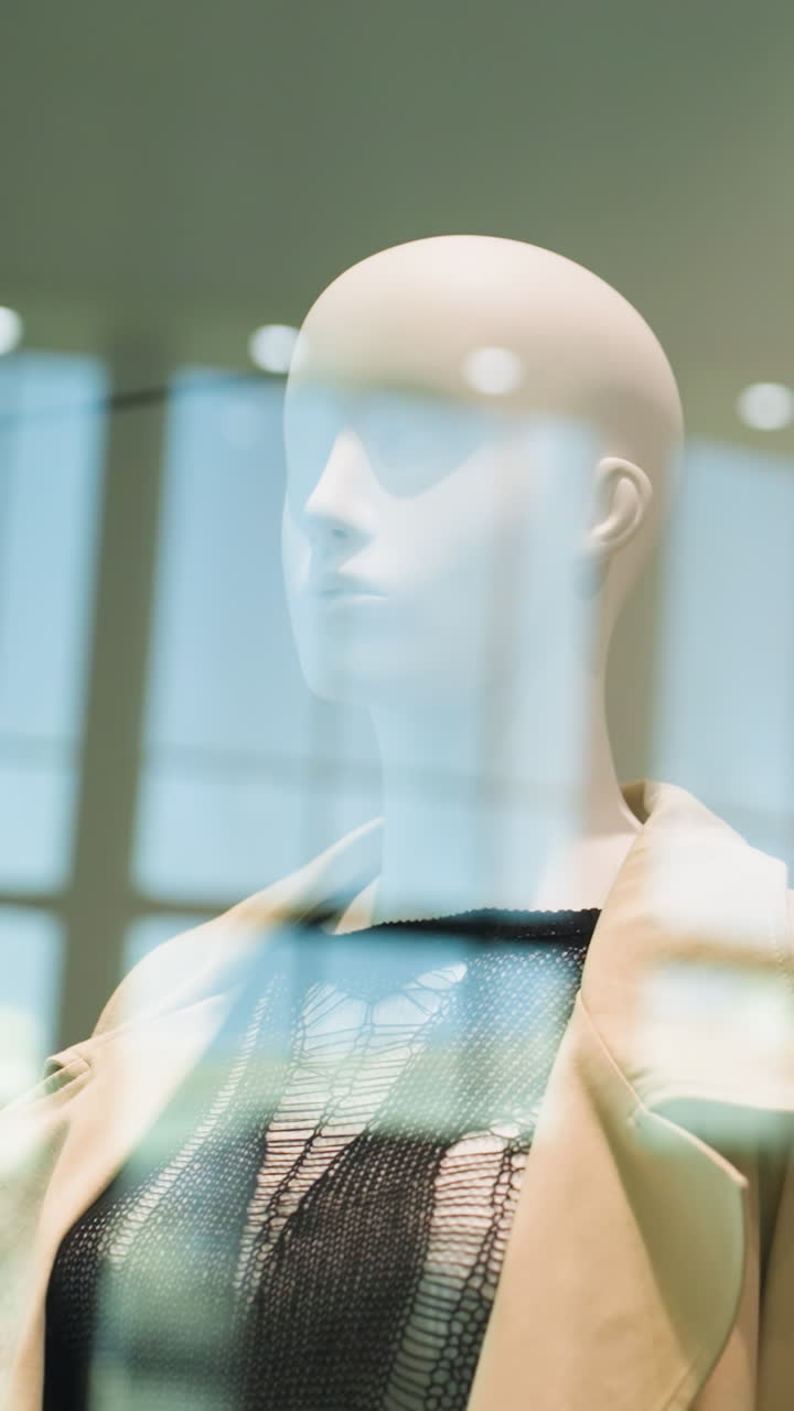 maniquines masculinos y femeninos elegantes expuestos en una tienda de un centro comercial. el maniquí masculino está vestido con una camisa negra, mientras que el maniquí femenino lleva un traje elegante