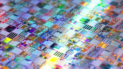 Primer-Plano-De-Oblea-Semiconductora-De-Silicio.-En-Electrónica,-Una-Oblea,-También-Llamada-Rebanada-O-Sustrato,-Es-Una-Rebanada-Delgada-De-Semiconductor,-Un-Silicio-Cristalino,-Que-Se-Utiliza-Para-La-Fabricación-De-Circuitos-Integrados.