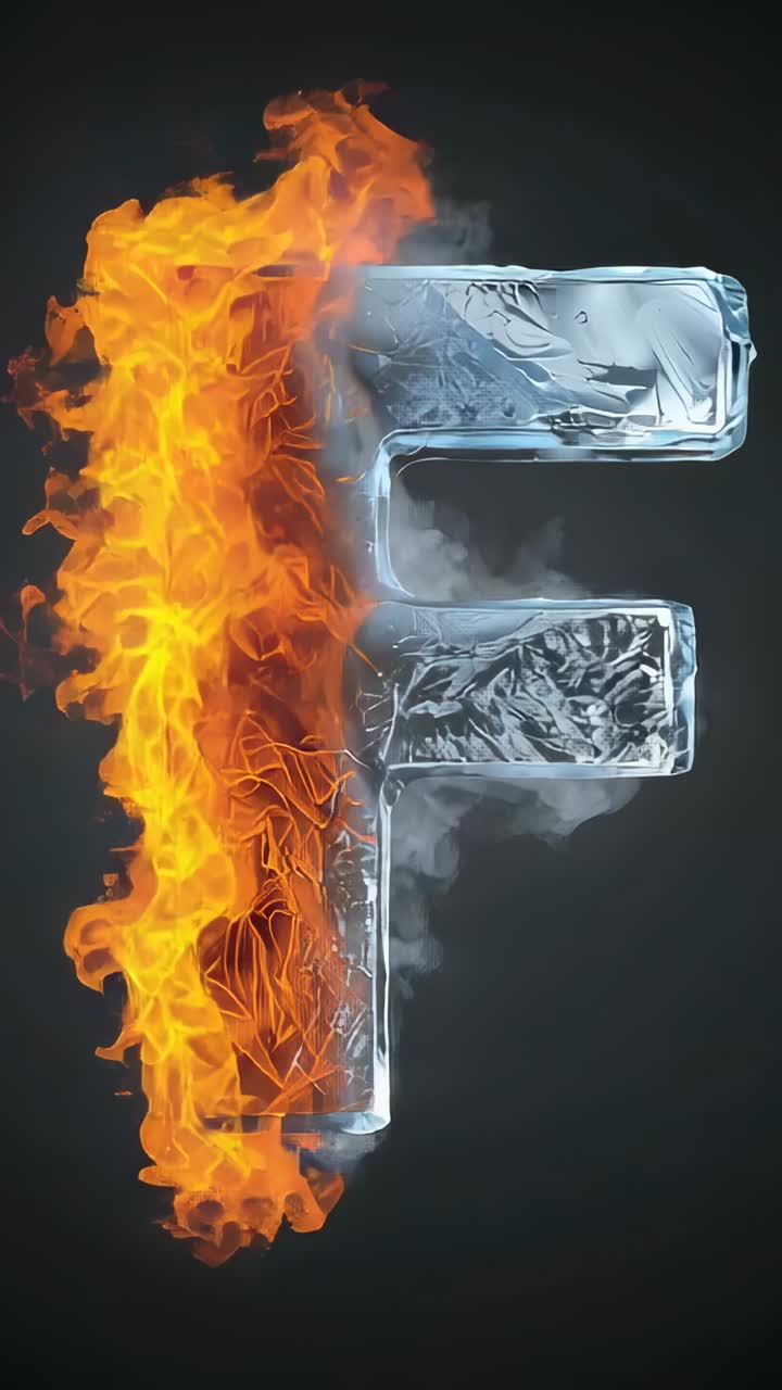 Vertical video: Igniting flames climbing letter F on gray backdrop, melting ice and raising steam